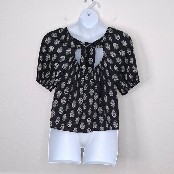 Old Navy Floral Blouse Sz L Puff Sleeve Flowy Tie Back Boho Coastal Neutral - Picture 7 of 13